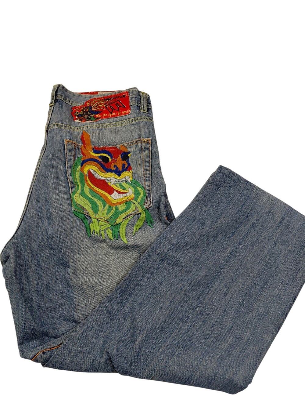 Vintage Massive Jeans Mens 34x29 Wide Leg Distressed Fade Baggy Embroidered Y2K